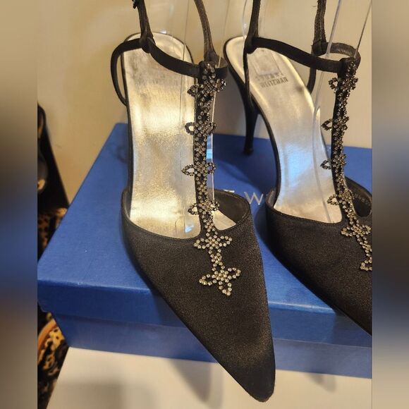 Stuart Weitzman Black Satin Crystal Rhinestone Jeweled T-strap Pumps Sz.8 $425 - Picture 4 of 14